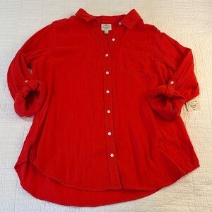 St John’s Bay NWT Flame Red Gauze Cotton Button Up